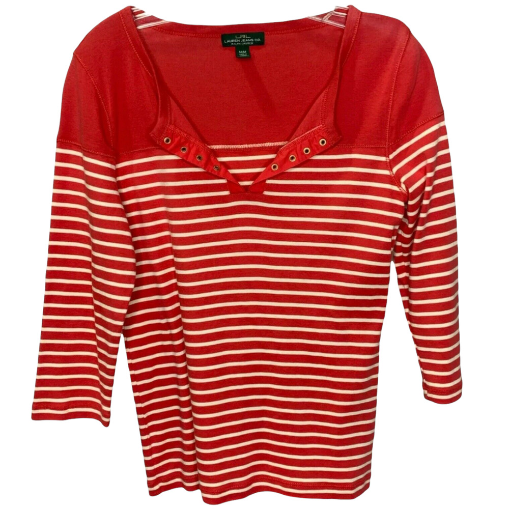 LRL Lauren Jeans‎ Co. Women's Top T-Shirt 3/4 Sleeves Red White Stripe Size M